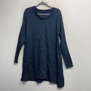 Cut loose tunic blouse navy blue black stripe long sleeveve s cotton tencel
